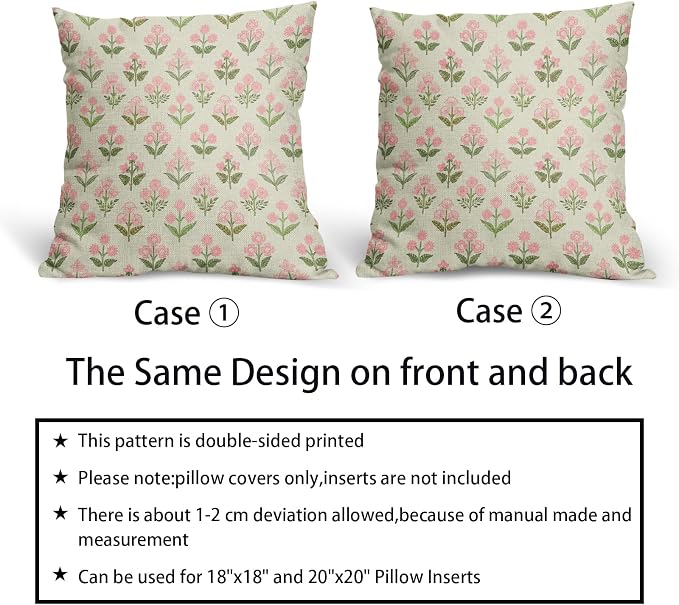 Pink Green Floral Pillow Covers 24x24 Inch Set of 2, Vintage Flower Block Print - Image 6