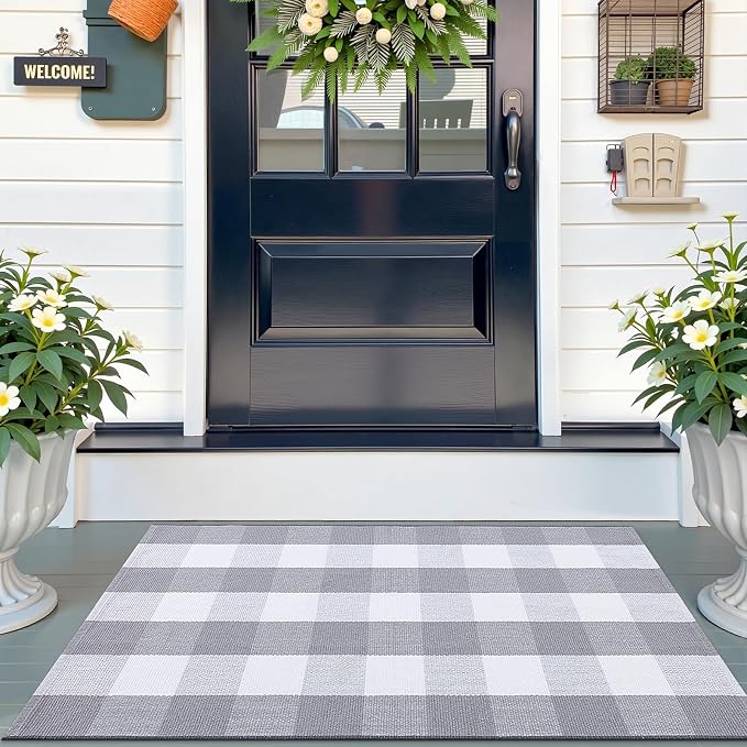 OLANLY Buffalo Plaid Rug 2'4" x 3'7" – Grey and White Cotton Checkered Doormat - Image 8