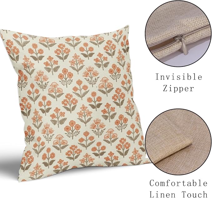 Brown Orange Floral Block Print Pillow Covers 18x18 Inch Set of 2, Vintage - Image 4