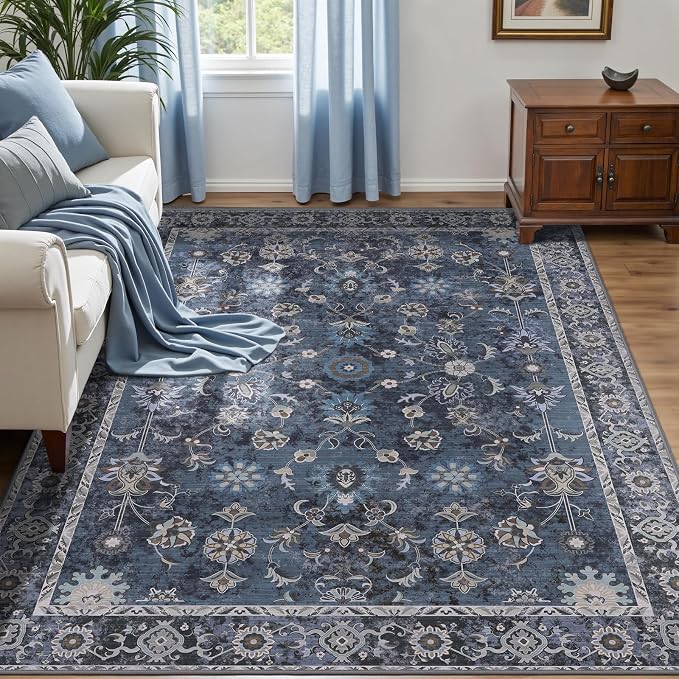 Tangsoo Washable Area Rugs 3x6 Non Slip, Boho Distressed Vintage Blue Floral by Tangsoo