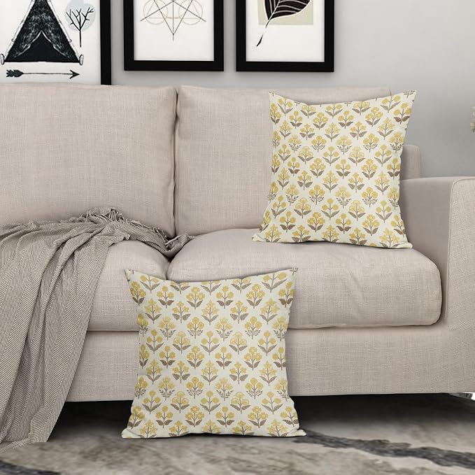 Brown Yellow Floral Pillow Covers 24x24 Inch Set of 2, Vintage Flower Block - Image 3