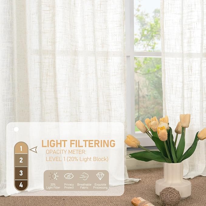 LAMIT Semi Sheer Cream Linen Curtains 36 Inch Length 2 Panels, Light Filtering - Image 4