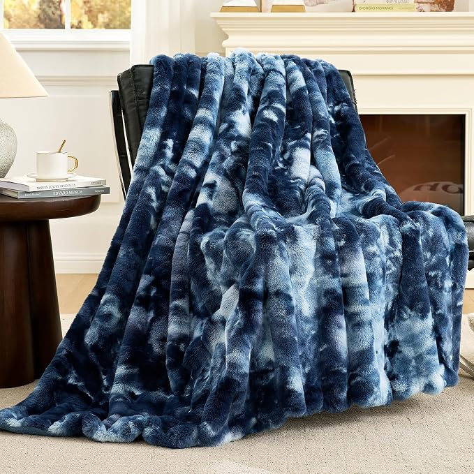 Cozy Bliss Deluxe Striped Rabbit Faux Fur Throw Blanket, Soft Fluffy Warm Plush by CozyBliss