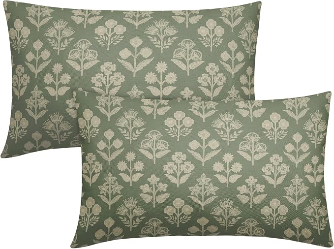 Sage Green Pillow Covers 12x20 Inch Set of 2, Cream Floral Block Print Pattern by Sivirary