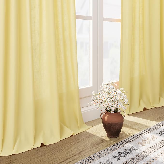 Yellow Linen Semi Sheer Curtains 108 Inches Long 2 Panels Set Back Tab Loop - Image 6