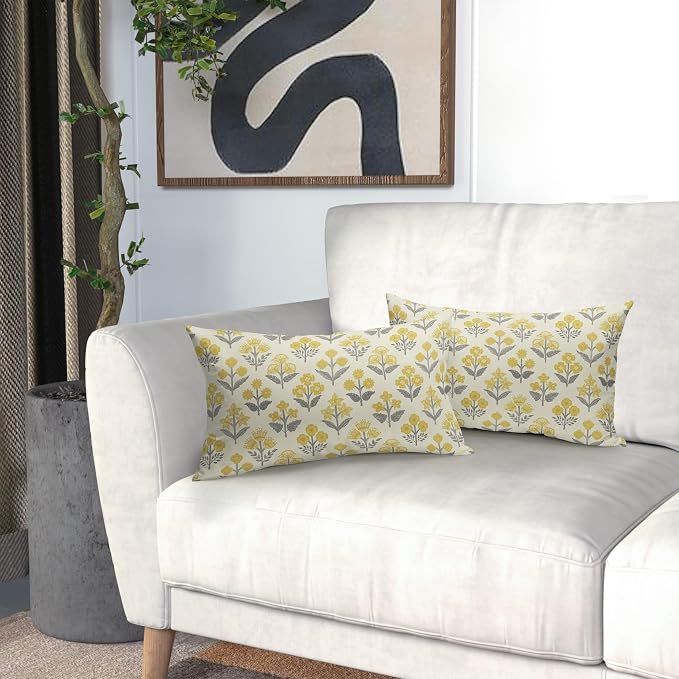 Yellow Grey Gray Floral Pillow Covers 12x20 Inch Set of 2, Block Print Lumbar - Image 6