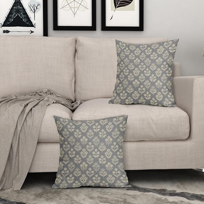 Grey Gray Floral Block Print Pillow Covers 16x16 Inch Set of 2, Vintage Flower - Image 3