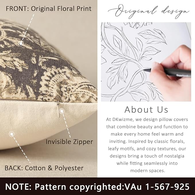 Vintage Floral Print Throw Pillow Covers 20x20 Set of 2 Neutral Modern - Image 3