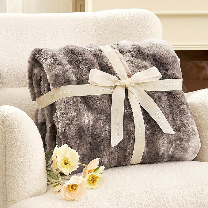 Cozy Bliss Deluxe Striped Rabbit Faux Fur Throw Blanket, Soft Fluffy Warm Plush - Image 4