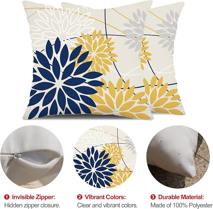 Outdoor Pillow Covers 20x20 Inch Set of 2 Navy Blue Yellow Outdoor Waterproof - Image 6