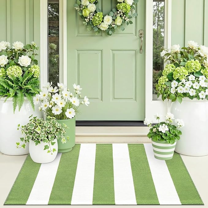 OLANLY Green and White Striped Rug 2' x 4'3" – Washable Cotton Indoor Outdoor - Image 6