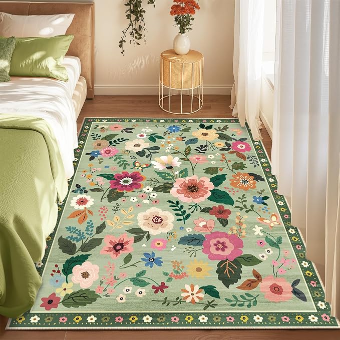 RELEANY Floral Nursery 4x6 Area Rugs Washable Print Boho Cute Carpet Non Slip by RELEANY