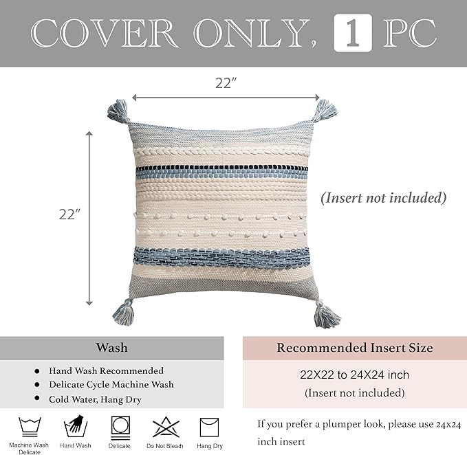 BlissBlush Coastal Blue Boho Decorative Throw Pillow Cover 22x22 Modern - Image 5