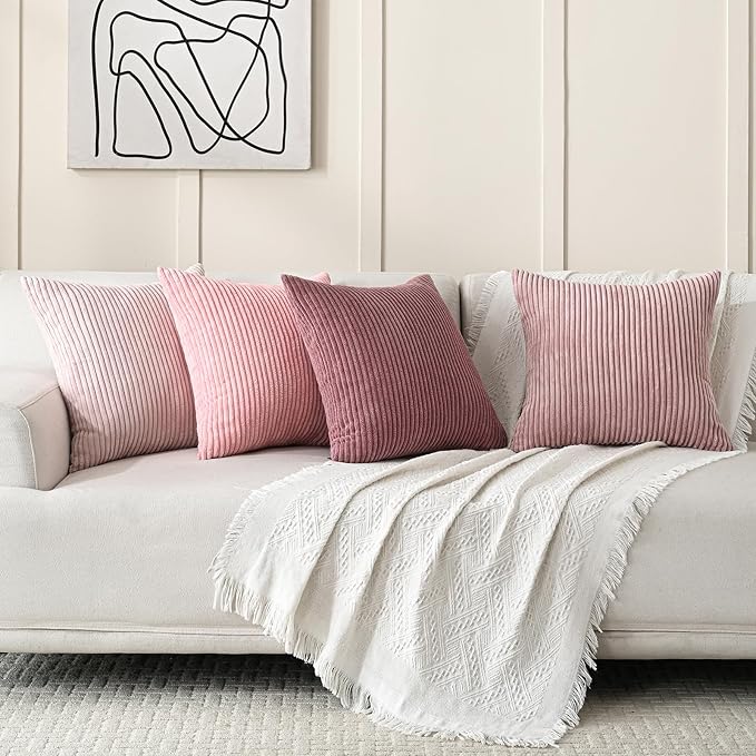Volcanics Set of 4 Pink Corduroy Decorative Couch Throw Pillow Covers 18x18 Inch - Image 6