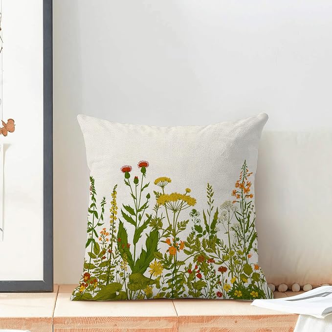 AEIOAE Yellow and Green Pillow Covers 18x18 Inch Set of 2, Spring Wildflower - Image 3