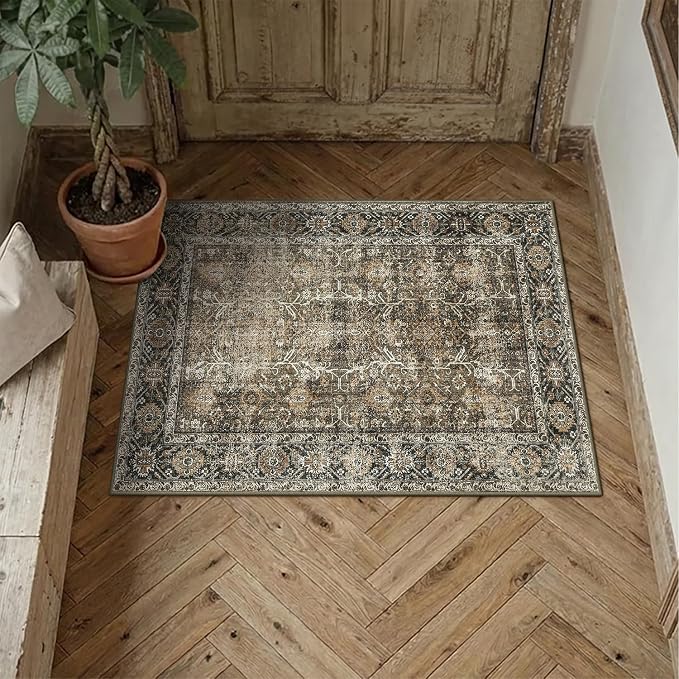 PureCozy Brown Entryway Rug 2x3 Vintage Area Carpet Indoor Kitchen Washable - Image 3