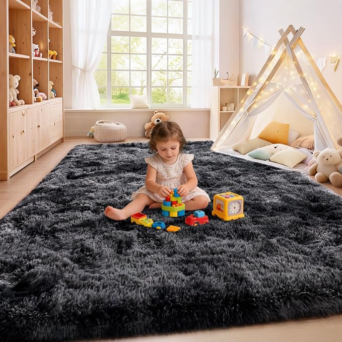 Tie-Dyed Black Grey Shaggy Rugs Fluffy Carpets, Indoor Modern Plush Area Rugs - Image 6