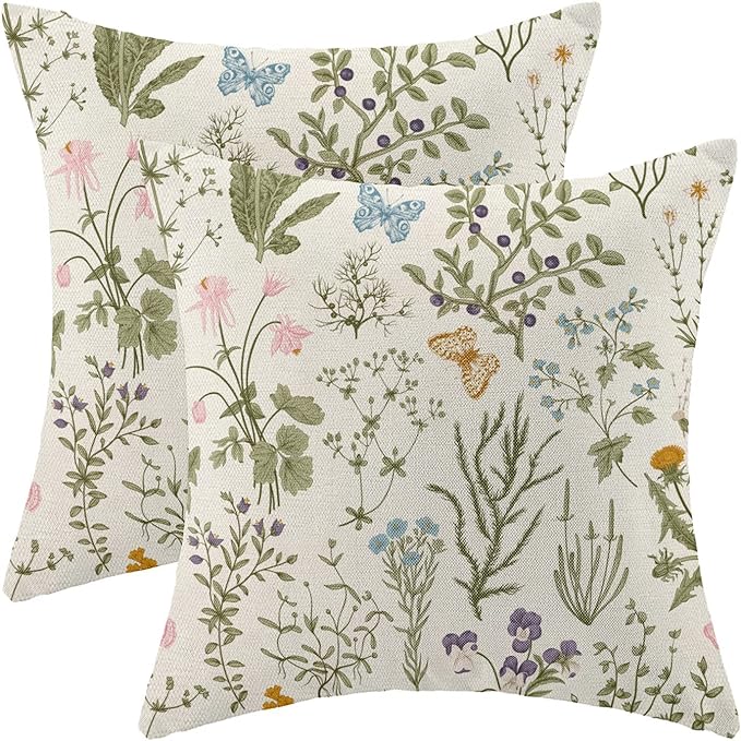 AEIOAE Spring Pillow Covers 22x22 Inch Set of 2, Sage Green Wild Flower Plant by AEIOAE