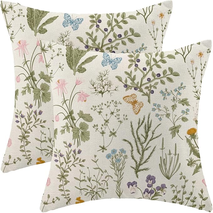 AEIOAE Spring Pillow Covers 16x16 Inch Set of 2, Sage Green Wild Flower Plant by AEIOAE