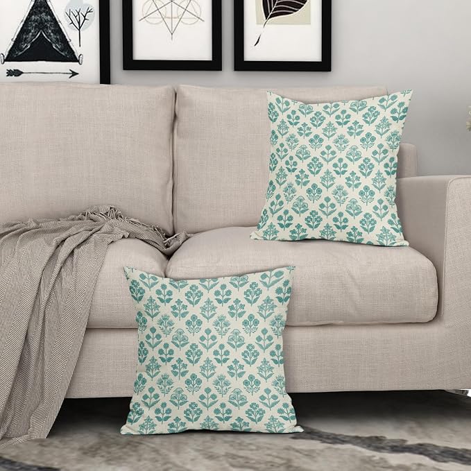 Teal Floral Pillow Covers 16x16 Inch Set of 2, Vintage Flower Block Print - Image 3