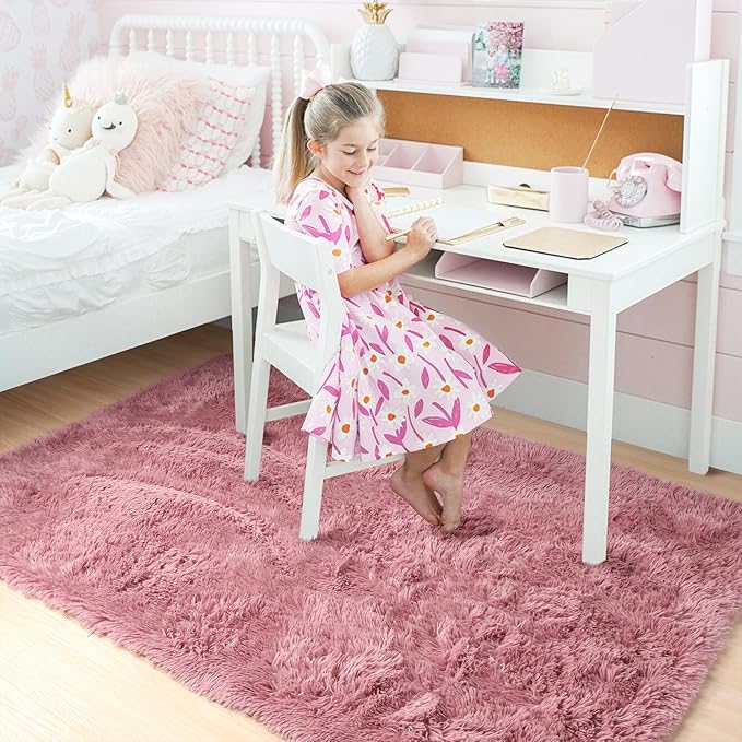 Amdrebio Blush Pink Area Rugs for Girls Bedroom Kids Room, 5x7 Fuzzy Furry - Image 3