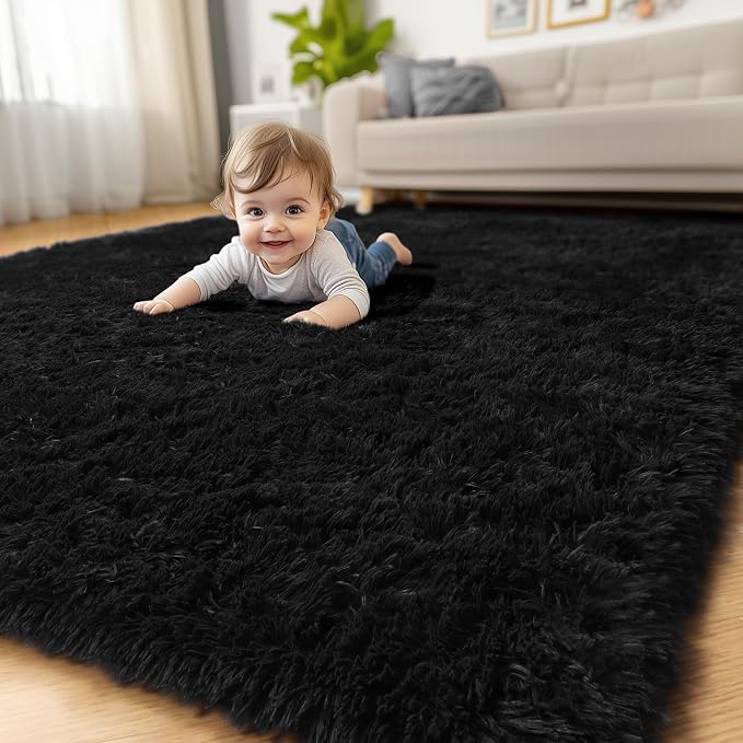 Amdrebio Black Rugs for Bedroom Living Room Decor Aesthetic, Fluffy Shag Furry - Image 4