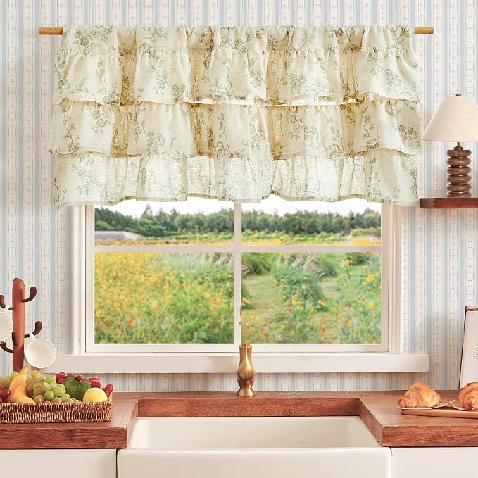jinchan Ruffled Floral Valance Curtain Shabbychic Linen Window Valance 18 Inch - Image 2