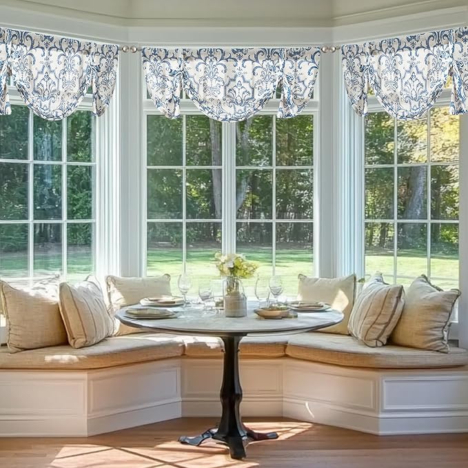 jinchan Linen Tie Up Valance for Flax Floral Drapes Vintage Farmhouse Medallion - Image 3