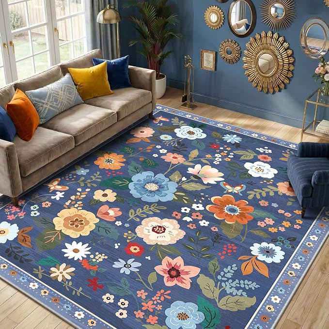 RELEANY Floral Nursery 9x12 Area Rugs Washable Print Boho Cute Carpet Non Slip by RELEANY