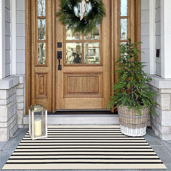 KOZYFLY Black and Beige Striped Porch Rug 27.5x43 Inches Area Rug Washable by KOZYFLY