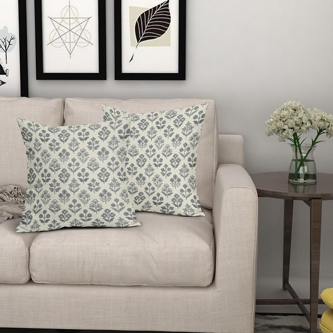 Dusty Blue Floral Pillow Covers 24x24 Inch Set of 2, Vintage Flower Block - Image 7