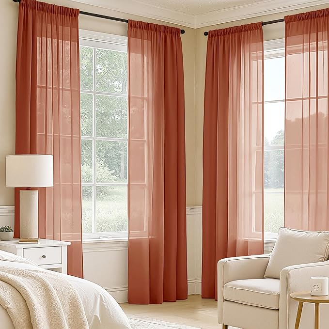 MIULEE Burnt Orange Sheer Curtains 63 Inches Long, 4 Panels Set, Light - Image 2