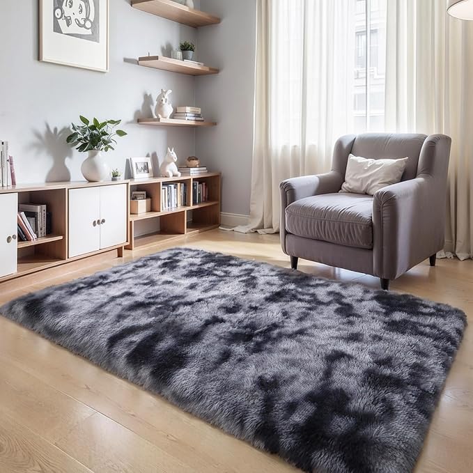 KICHOWUA Thick Area Rug 5x7 Dark Grey Fluffy Shag - Image 6