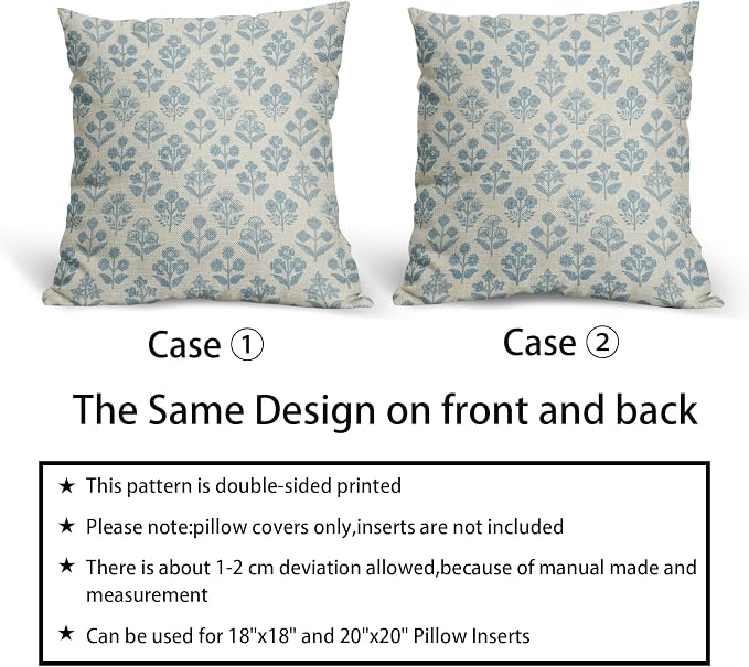 Light Blue Floral Pillow Covers 20x20 Inch Set of 2, Vintage Flower Block Print - Image 6