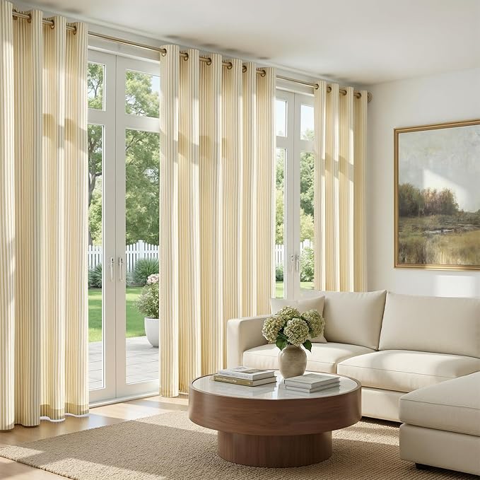 jinchan Linen Curtains for Living Room Yellow Vertical Striped on White - Image 2