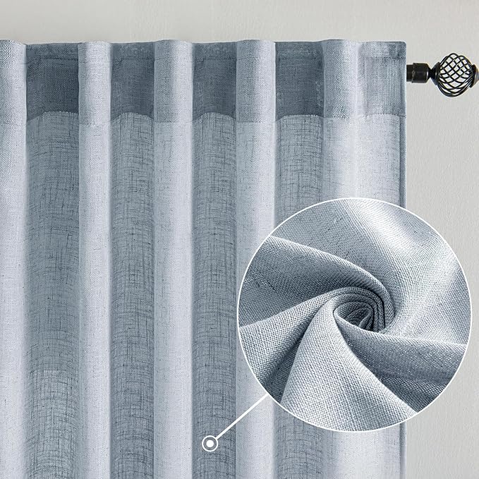MIULEE Chambray Blue Linen Curtains 108 Inches Long 2 Panels - Image 2