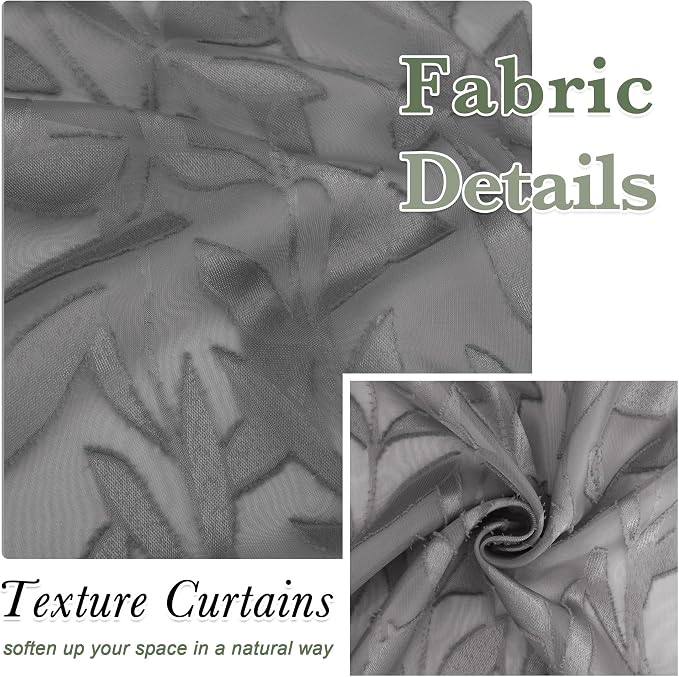 Lecloud Leia Charcoal Grey Sheer Curtains 90 Inches Long 2 Panels, Airy Leaf - Image 3