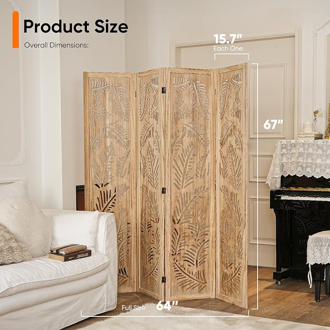 Boho Room Divider with Feather Carving, 4-Panel Openwork Wood Screen, - Image 2