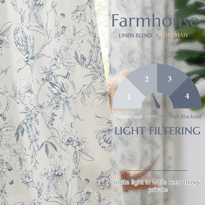 jinchan Floral Curtains 63 Inch Length Blue Flower Linen Farmhouse Curtain - Image 3