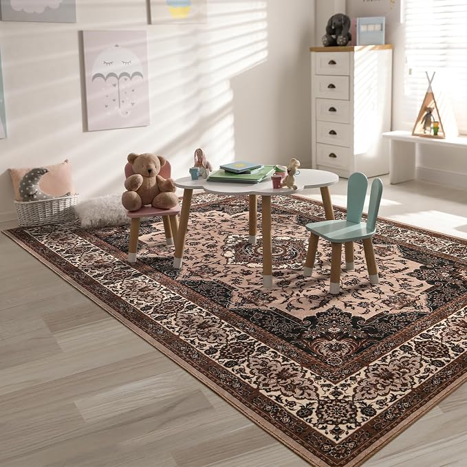 Area Rug for Bedroom, 4x6Ft Washable Brown Living Room Rugs, Non-Slip Vintage - Image 4