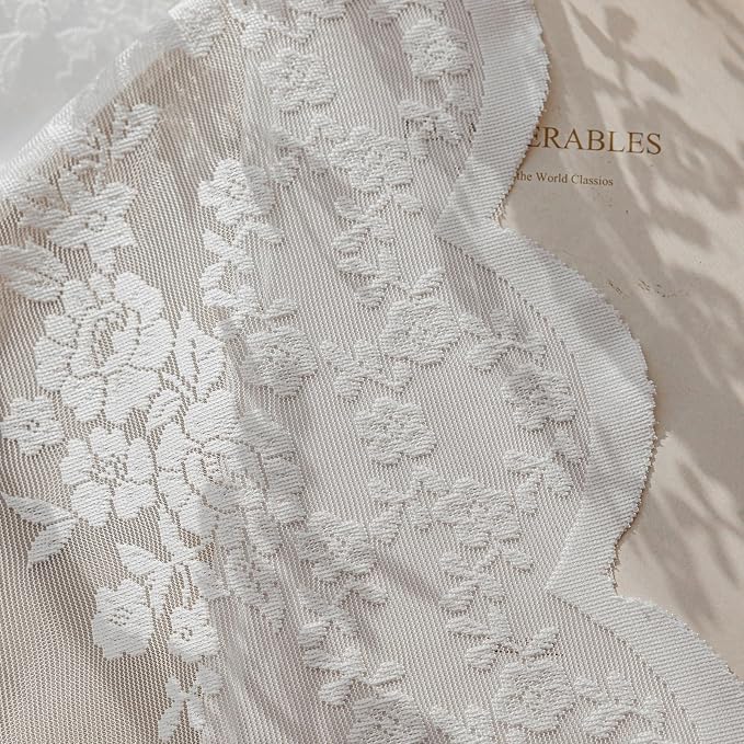 Rinwoc White Lace Semi-Sheer Valance Cafe Curtains – Vintage Floral Lace Tier - Image 7