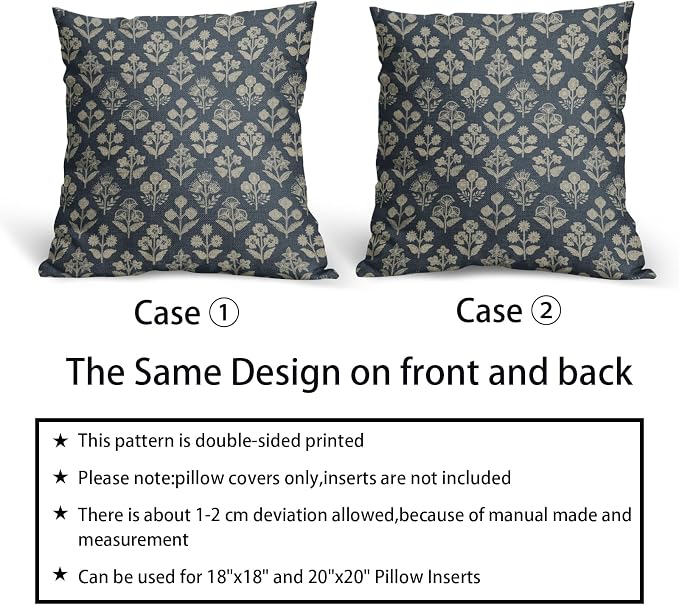 Dusty Blue Floral Pillow Covers 22x22 Inch Set of 2, Vintage Flower Block - Image 6