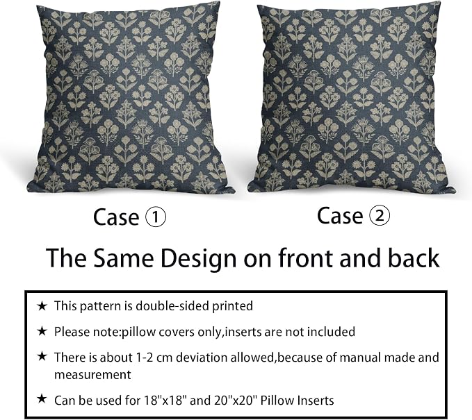Dusty Blue Floral Pillow Covers 24x24 Inch Set of 2, Vintage Flower Block - Image 6