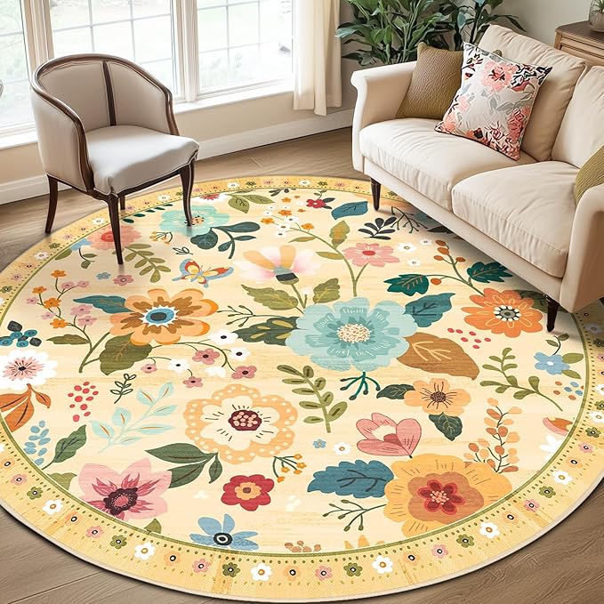 RELEANY Floral Nursery 8ft Area Rugs Washable Print Boho Cute Carpet Non Slip by RELEANY