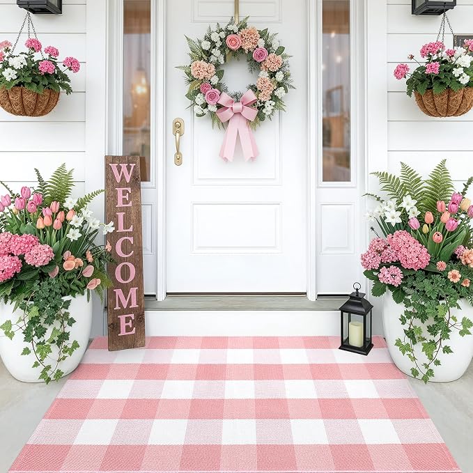 OLANLY Buffalo Plaid Rug 2' x 4'3" – Pink and White Cotton Checkered Doormat - Image 8