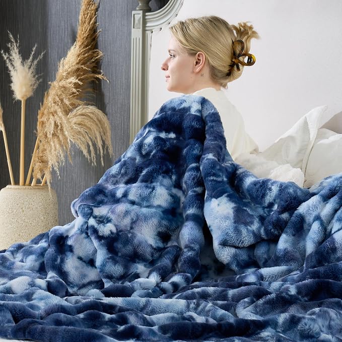 Cozy Bliss Deluxe Striped Rabbit Faux Fur Throw Blanket, Soft Fluffy Warm Plush - Image 8