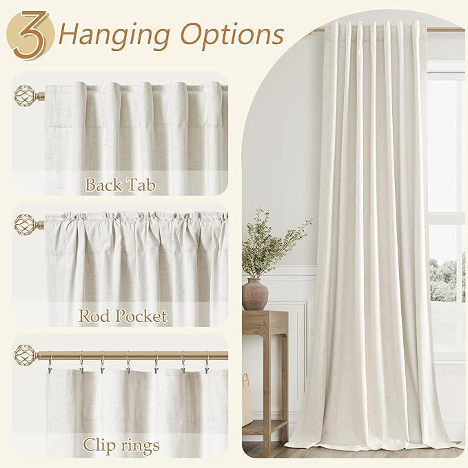 Guken Cream 100% Blackout Linen Curtains 108 Inch Length 2 Panels Set - Image 6