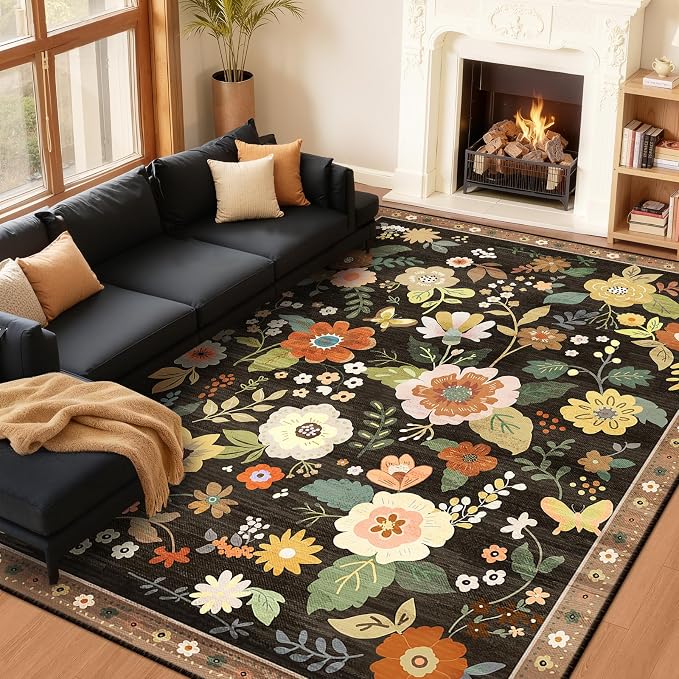 RELEANY Floral Nursery 8x10 Area Rugs Washable Print Boho Cute Carpet Non Slip by RELEANY