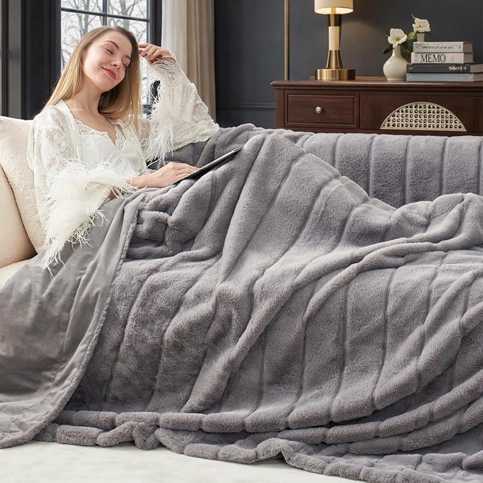 Cozy Bliss Deluxe Sheared Rabbit Faux Fur Throw Blanket, Soft Fuzzy High-Low by CozyBliss