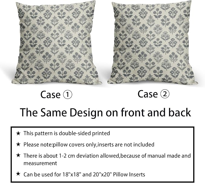 Dusty Blue Floral Pillow Covers 22x22 Inch Set of 2, Vintage Flower Block - Image 5